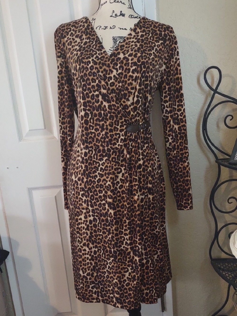 Charter Club Leopard-Print Long Sleeve Wrap Dress - Brown & Black size M.